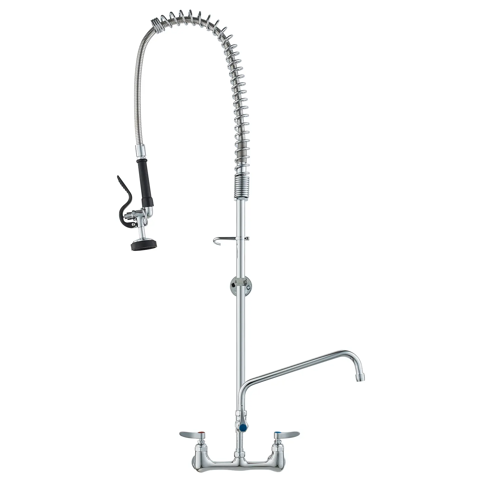 【Summerfinds】VEVOR Commercial High Arc Wall-Mounted Kitchen Faucet47" Tall8" Apart12" Rotating SpoutPre-Rinse SprayBrass BuildPull-Down Double Handle Faucet for Multi-Compartment SinksDurable Multi Purpose, Commercial Kitchen Faucet, High Arc Faucet
