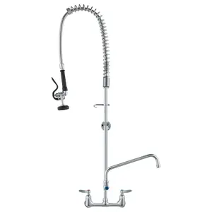 VEVOR Commercial High Arc Wall-Mounted Kitchen Faucet, 47" Tall, 8" Apart, 12" Rotating Spout, Pre-Rinse Spray, Brass Build, Pull-Down Double Handle Faucet for Multi-Compartment Sinks, Durable Multi Purpose