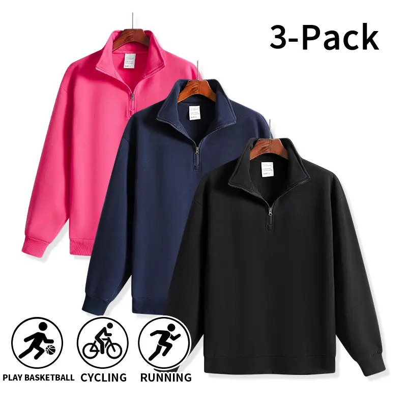 3-Pack Basic Men’s Half-Zip Stand Collar Sweatshirts, Loose Drop-Shoulder Solid Color Long-Sleeve Pullovers, Versatile Casual Tops for Outdoor Activities, Fitness, Commuting, and Various Occasions