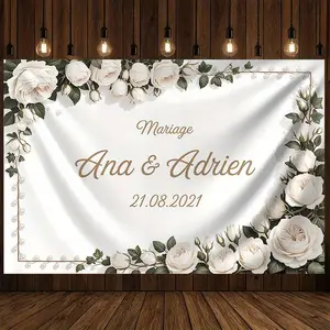 1PC,2D Flat Custom Wedding Door Banner, White Rose Floral Decoration, Personalized with Name & Date, Romantic Marriage Celebration Backdrop, Party Wall Hanging Decor, Cross - border Exclusive
