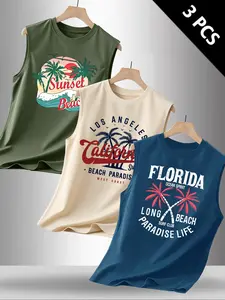 Men's Summer Casual Sleeveless Vest, Coconut Tree Letter Print, Outdoor Sports Wear, Daily Versatile, 3 Pack Set