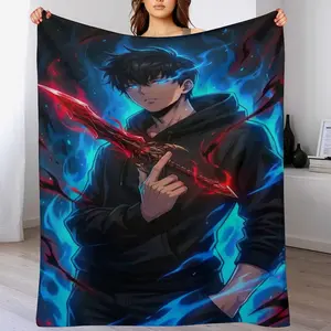 Solo Leveling Sung Jin Woo Blanket, Shadow Monarch Throw, Blue Fire & Red Dagger Cozy Fleece, Jin Woo Fan Art Blanket, Anime Room Decor outdoorfun