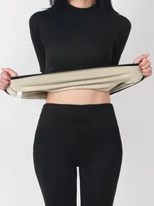 Women's Fall Winter Fleece Lined Warm Thermal Underwear Set, High Neck Comfortable Long Sleeve Top and Pants Two-Piece, Casual Slim Fit, Womenswear