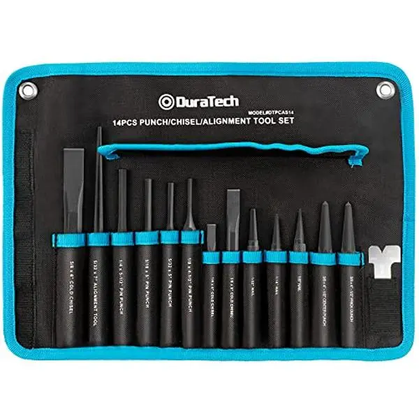 #fathersdaygift DURATECH  Punch/Chisel/Alignment Tool Set, Including Pin, Center and Nail Punches, Alignment Tool, Cold Chisels, Chisel Gauge, with Rolling Pouch
