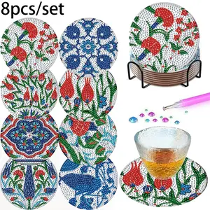 Set of 8 Diamond Painting Cup Mats, Coasters, DIY Drink Insulating Pads, Floral Pattern with Stand, Craft Gift, Mosaic Art Production