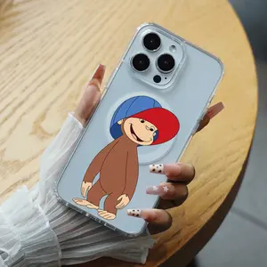 Curious George in Red-Blue Hat Clear Magnetic Phone Case for iPhone 11/12/13/14/15/16/16E - Lightweight, Comfortable Touch, Easy to Store