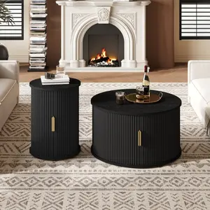 Mid-Century Coffee Table Set, with Sliding Tambour Door and Round Fluted End Table, with Storage, Set of Two, for Living Room, Black