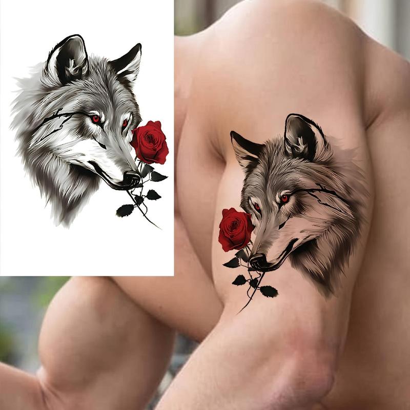 Realistic Wolf Floral Oblong Temporary Tattoo Stickers - 6-Count Pack (2 Fixed Designs, 4 Random Designs), Normal, Retro, Long-Lasting, Waterproof, Peel & Apply, Styling Single Item for Adults, Arm Use, Party Favors (Beauty & Personal Care, Makeup)