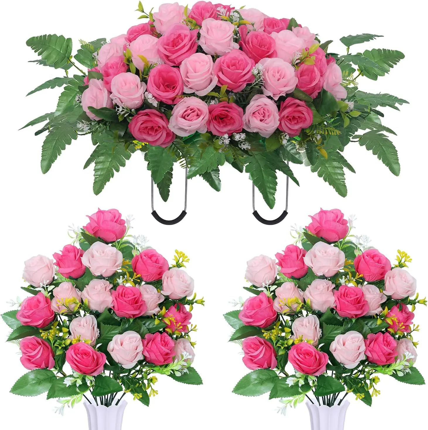 Silk Artificial Cemetery Flower Saddles with Vase - Decorative Rose Bouquet for Grave Tombstone Memorial, Wedding-Inspired Home Decor Accent