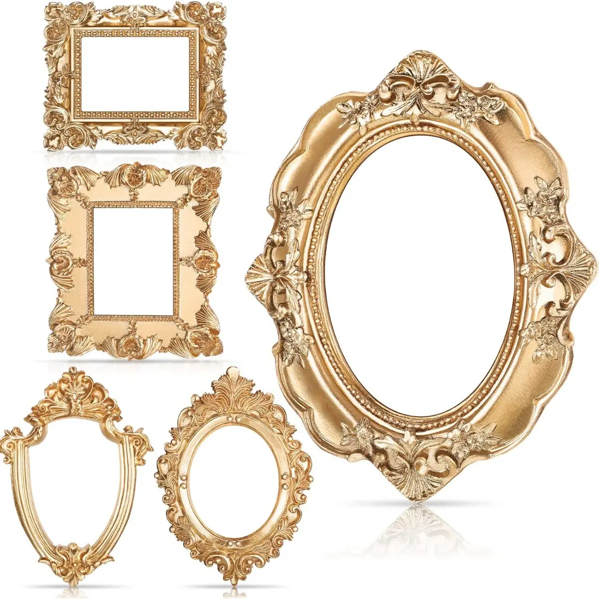 Gold Metallic Vintage Mini Picture Frame Set (5 Pcs) - Floral Decorative Resin Antique Frames, Wall-Hanging Prop for DIY Jewelry Display, Christmas Holiday Party Decoration