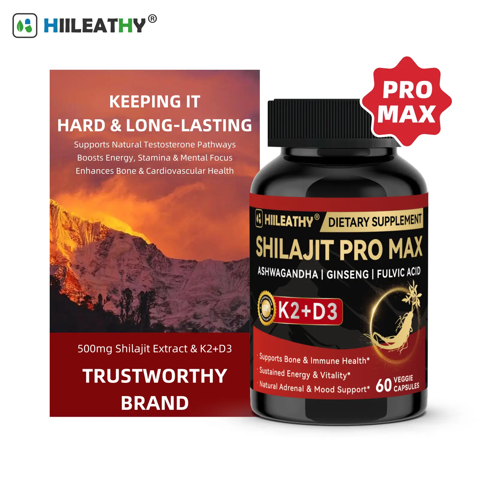 HIILEATHY Shilajit Pro Max for Active Lifestyles with K2+D3 Fulvic Acid & Electrolytes Energy Muscle Recovery Joint Support 60 Veggie Caps Made in USA