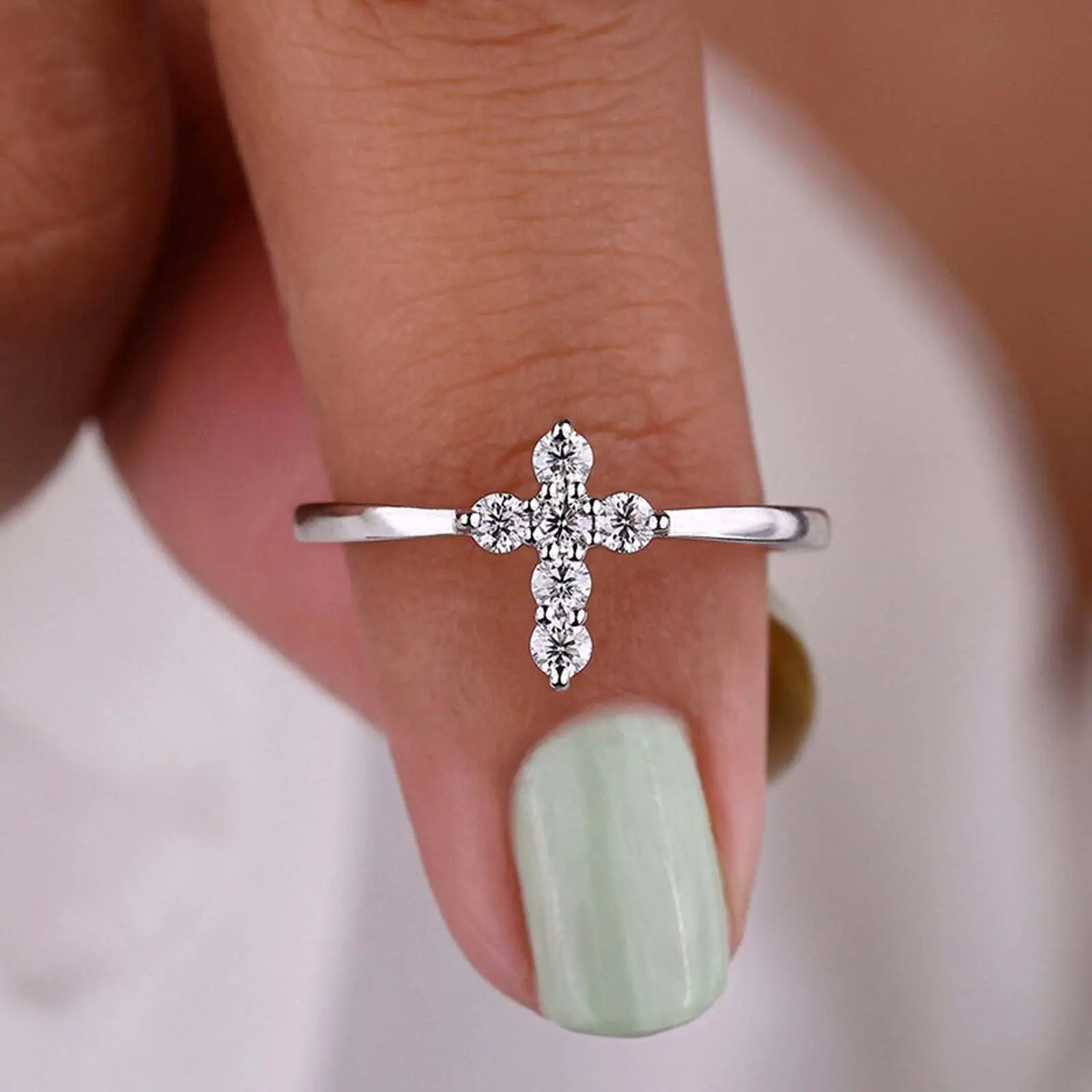 Zircon cross silver ring sweet everyday versatile couple anniversary birthday gift party jewelry