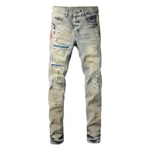 Y2K Retro Vintage Streetwear Distressed Patch Denim Pants Slim Fit Elastic Waist Men's Graffiti Embroidered Water Painting Splashed Ink Small Straight Leg Jeans