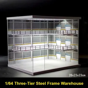 Diorama 1/64 Scale Car Garage Model LED Lighting City Parking Lot Scene Display Cabinet Diecast Three-Tier Steel Frame Garage Model