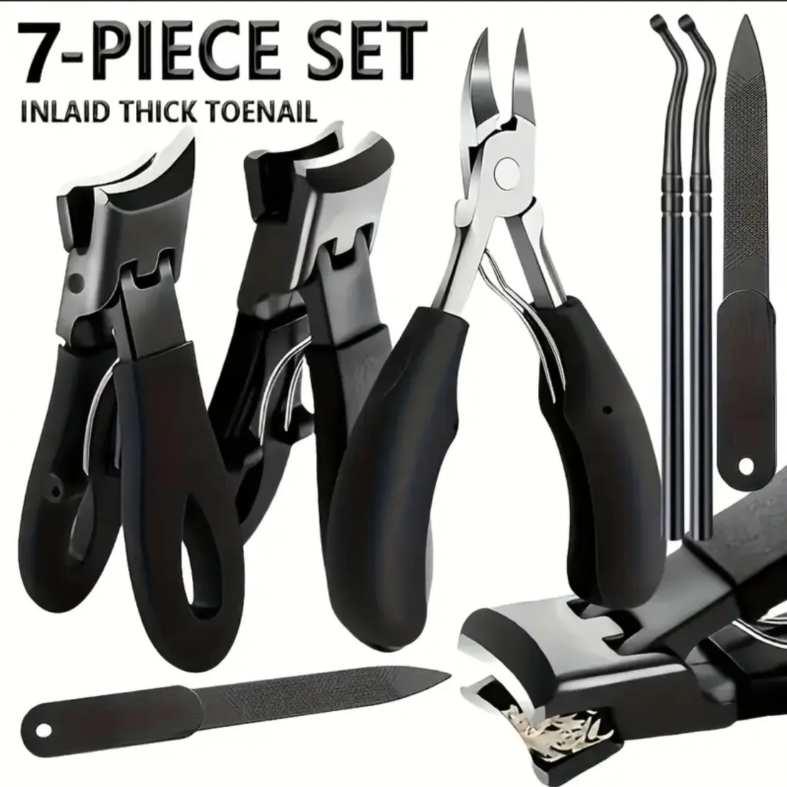 7-piece stainless steel nail tool set - heavy-duty nail clippers, dead skin pliers and trimming scissors with nail files - Classic black handles, suitable for men, women and the elderly, Beginner Nail Care Manicure Kit
