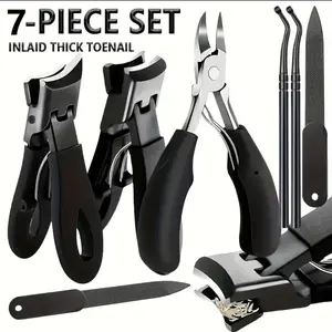 7-piece stainless steel nail tool set - heavy-duty nail clippers, dead skin pliers and trimming scissors with nail files - Classic black handles, suitable for men, women and the elderly, Beginner Nail Care Manicure Kit