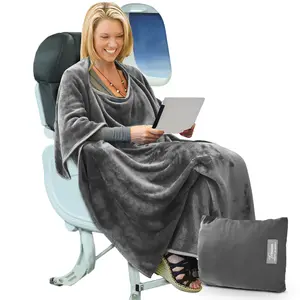4-in-1 Travel Blanket Portable Travel Blanket Airplane Office Micro Mink Fleece Poncho Blanket Folable