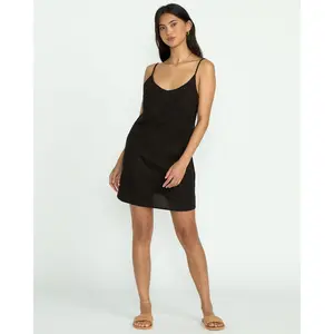 BILLABONG Women's Summer Love Mini Slip Dress, Relaxed Fit V Neck Linen Blend Dress, Adjustable Straps, Summer Vacation Beach Dress - Black