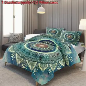 Boho Mandala Bedding Set, Soft Breathable Polyester Fabric, Comfortable Bedroom Linen, Includes Quilt and 2 Pillowcases, Filled
