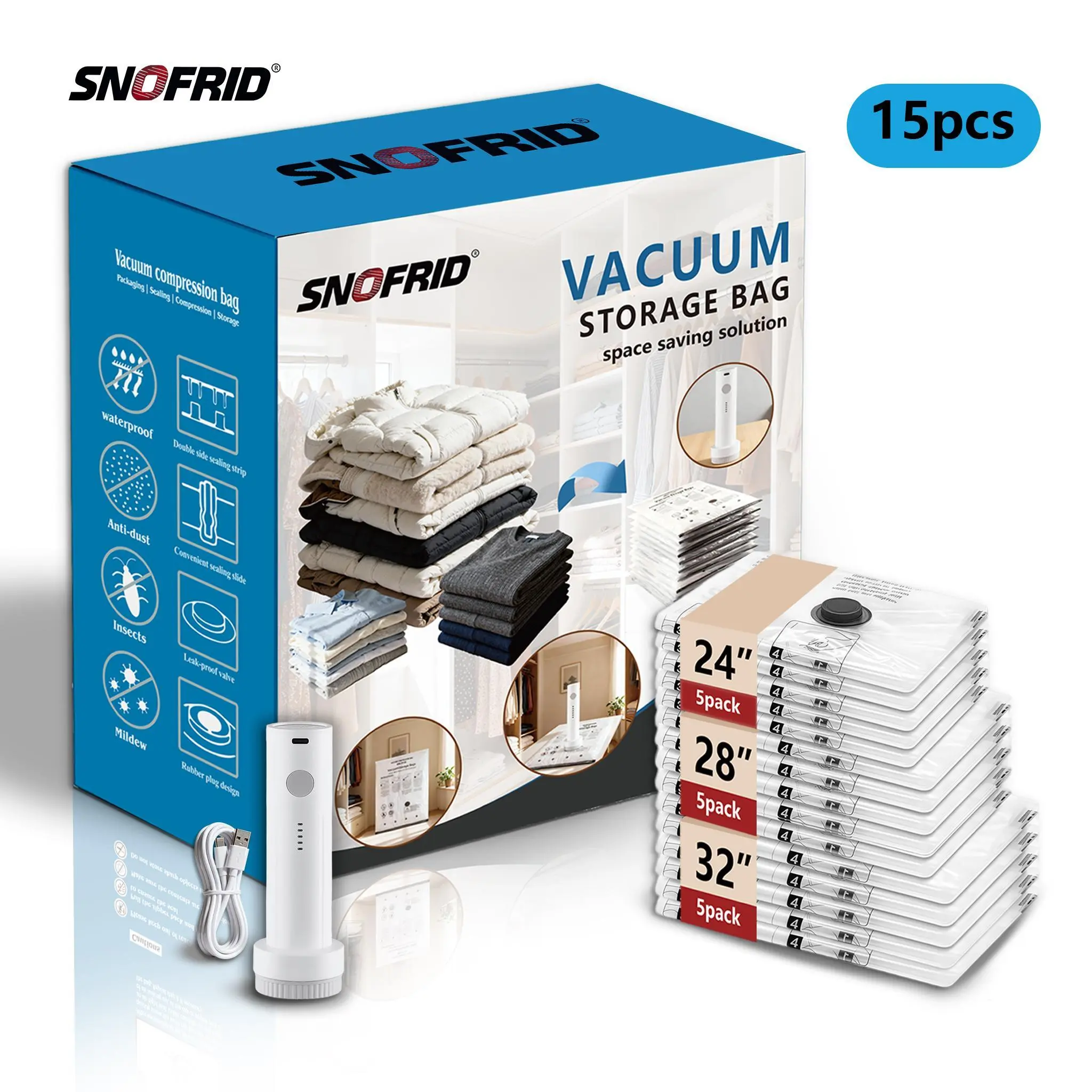 Snofrid Cordless Travel Vacuum Storage Compression Bag Set – 15-Pack in 3 Sizes – USB Rechargeable Handheld Pump with Built-In Battery – Waterproof & Reusable Space Saver for Clothes & Packing, Perfect for Carry-On Suitcases