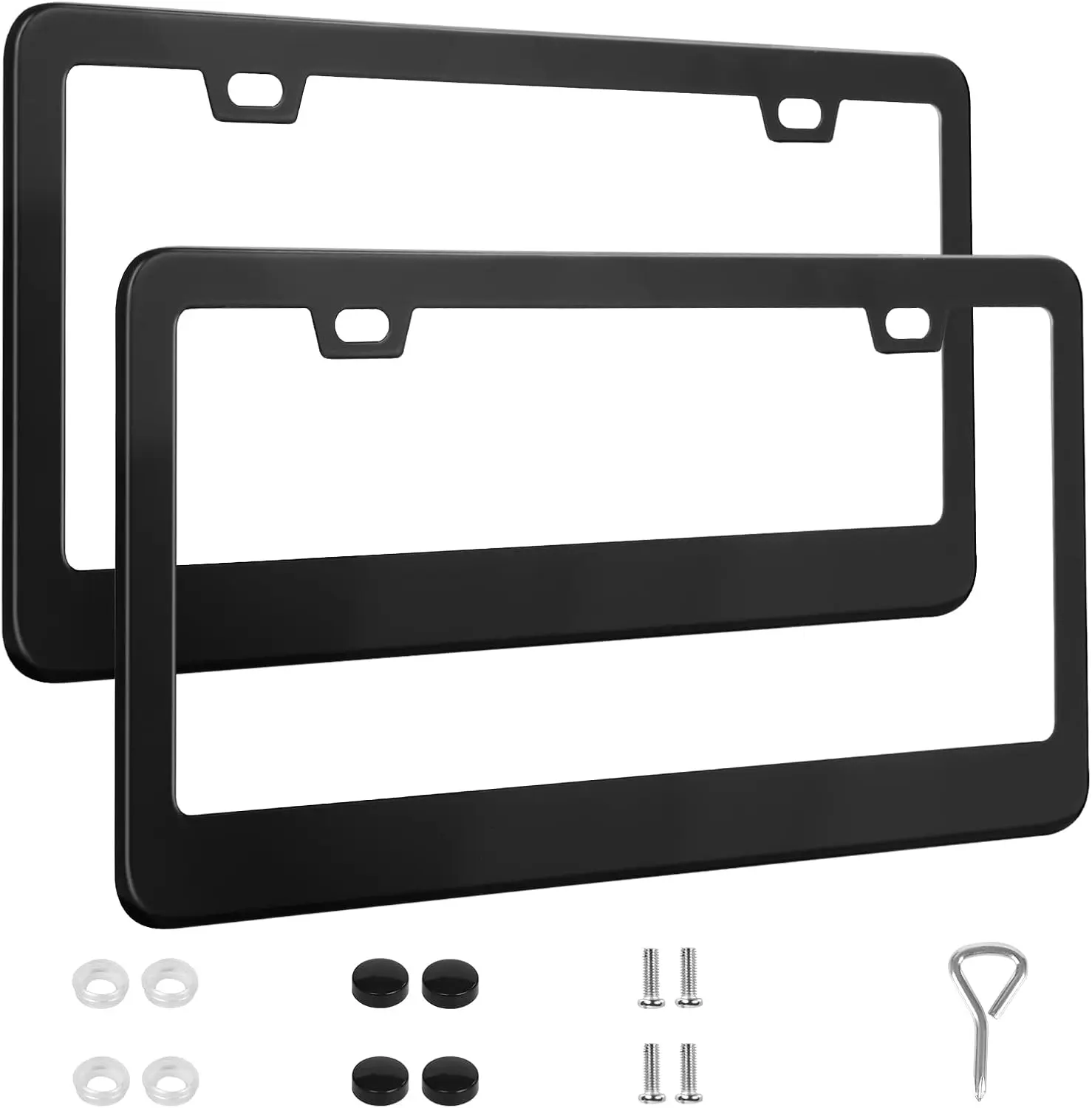 2 Pack License Plate Frames, Stainless Steel  License Plate Cover  Accessories with Screw Caps (Black)