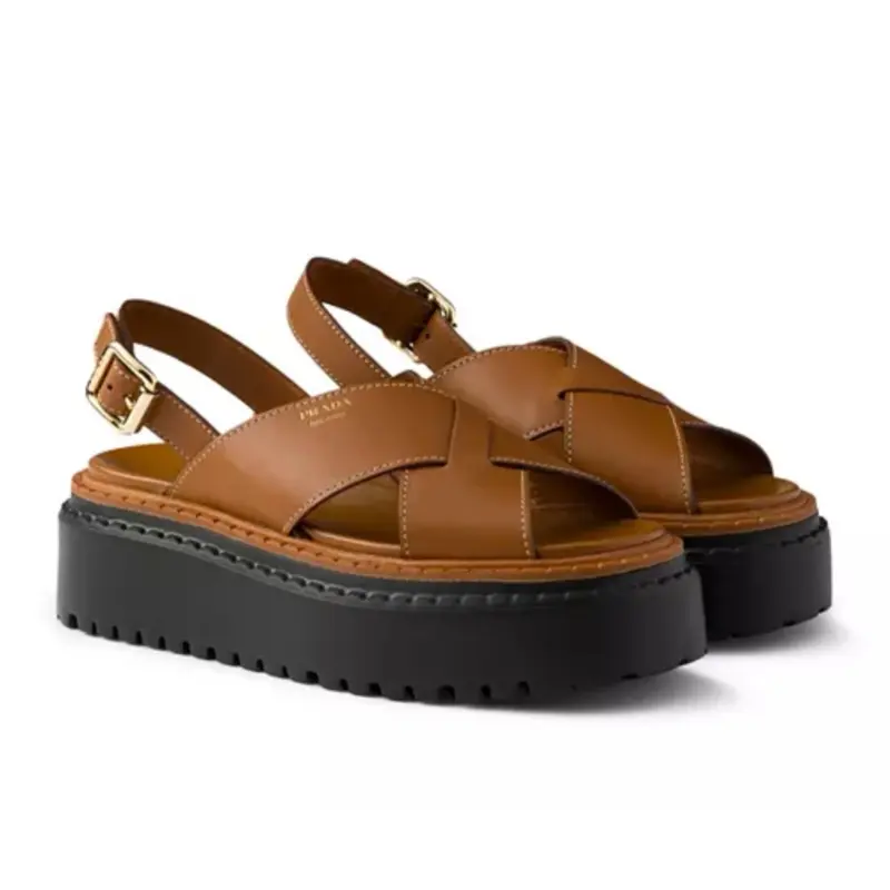 Prada Leather Crossover  Platform Sandals Tan Size 39.5
