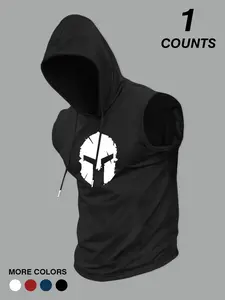 Men's Sleeveless Hooded Tank Top - Distressed Spartan Warrior Helmet Graphic Apparel, Athletic Fit, Breathable Quick-Dry Fabric, Ideal for Gym Workouts, Bodybuilding, Training Sessions & Casual Streetwear, Stylish Top for Fitness Enthusiasts, Spartan Fans