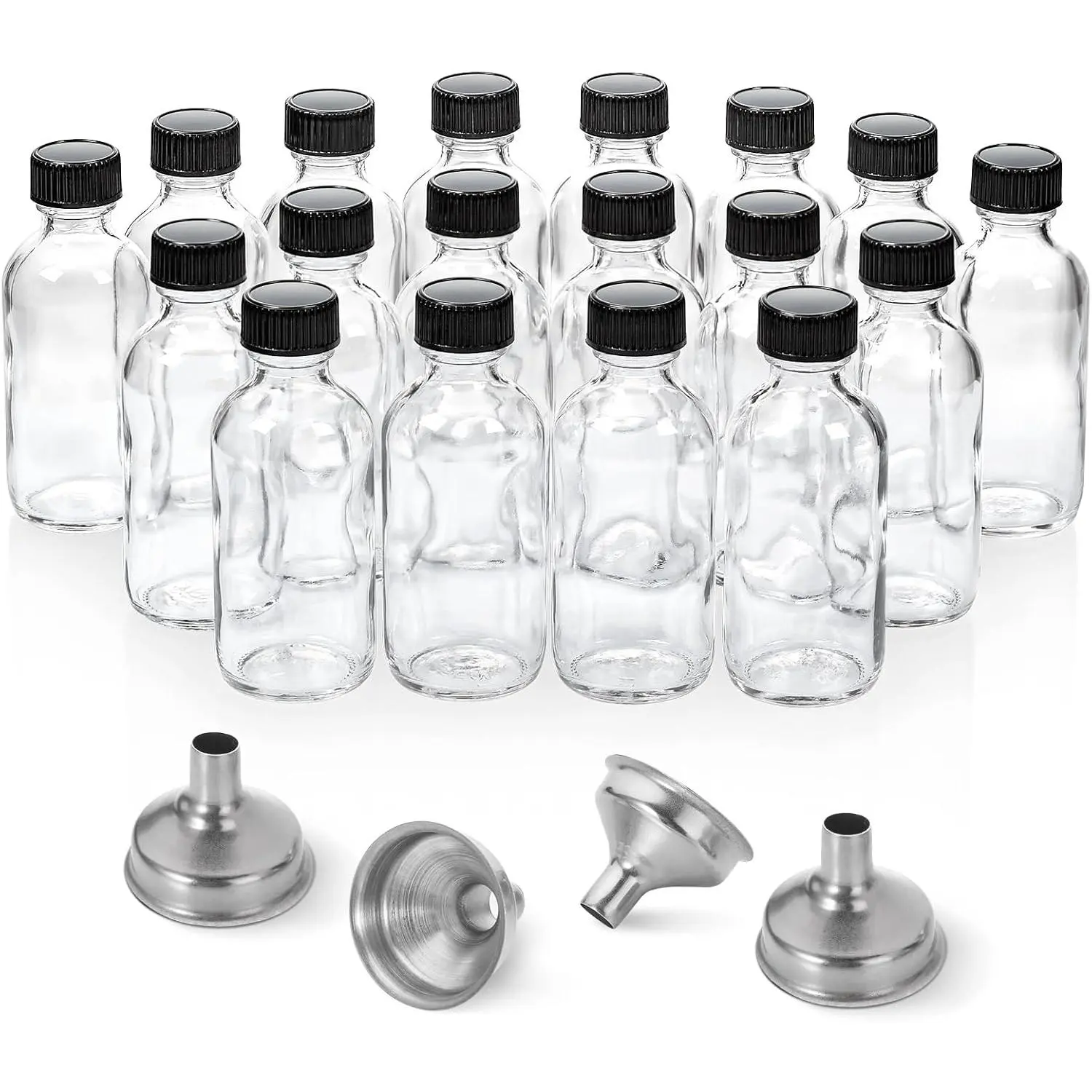 18 bottle, 2 oz small transparent glass bottle with lid and 4 stainless steel funnels -60ml Boston sample bottle - mini travel essential or decorative bottle, used for potions, juices, health, ginger juice, whiskey