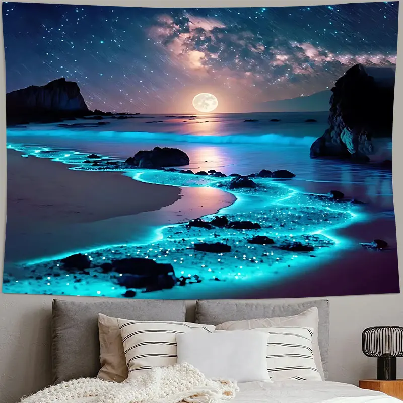 Bright Blue Coastal Casual Artwork Print Tapestry - Enchanting Sea & Moon Polyester Wall Hanging (37x28in), Bedroom/Dorm Decor, Free Accessories Included, Ideal Gift for Self/Friends, Artwork Print Tapestries, Coastal Casual Tapestries