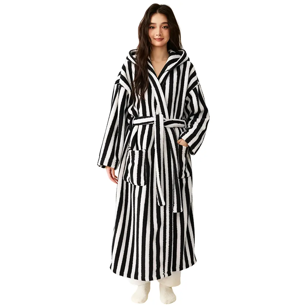 Arssm Womens Striped Fluffy Robe Hooded Plush Long Bathrobes Fuzzy Thick Warm Housecoat Soft Loungewear