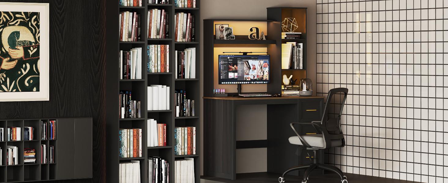 FREDEES  40” Home Office Desk with Hutch and Drawers, Computer Desk with Power Outlets and LED Light, Study Writing Gaming Table with Storage Shelves, Workstation for Bedroom