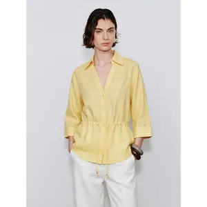 URBAN REVIVO Women's Fitted Viscose-Linen Blend Button-Down Blouse - 2026 Casual Sleeved Top with Drawstring Waist, UWM260059 Shirt