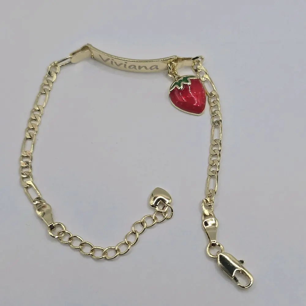 ID BRACELET with strawberry charm gold-plated figaro style 6 to 7½inche ENGRAVING AVAILABLE LEAVE A NOTE WITH YOUR NAME