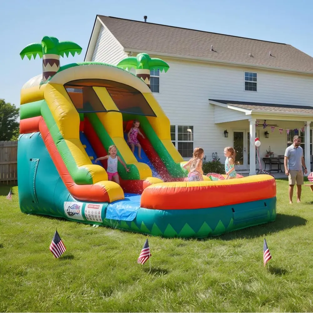Residential-Grade "Palm Island" Tropical Inflatable Waterslide (20FT x 10FT) - Wet & Dry Outdoor Party Essential, Air Blower Included, Heavy-Duty Puncture-Resistant UV-Protective Fabric, Quick Setup