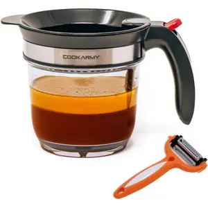 Fat Separator with Bottom Release – 4 Cup Gravy Separator for Cooking with Oil Strainer, Kitchen Grease Separator, Perfect Kitchen Gadget with 3-in-1 Multifunctional Vegetable Peeler