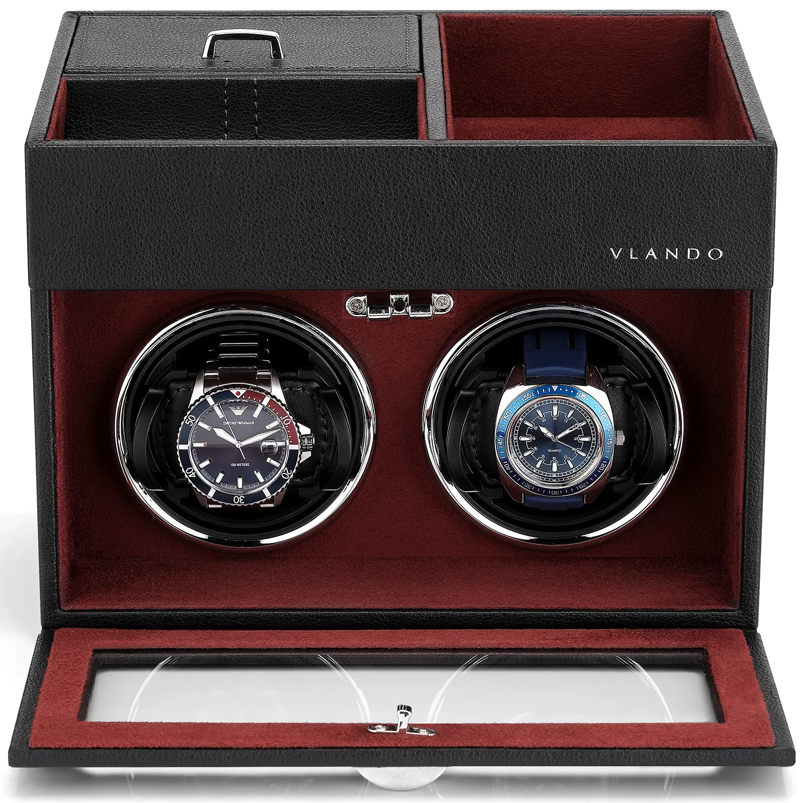 VLANDO Modern Automatic Double Slot Quiet Mabuchi Motor Watch Winder - LED Lights, Adjustable Pillows, Organizer Tray, Electronic Jewelry Box, Watch Holder (Ideal for Anniversary Gifts, Home Storage Organizer)