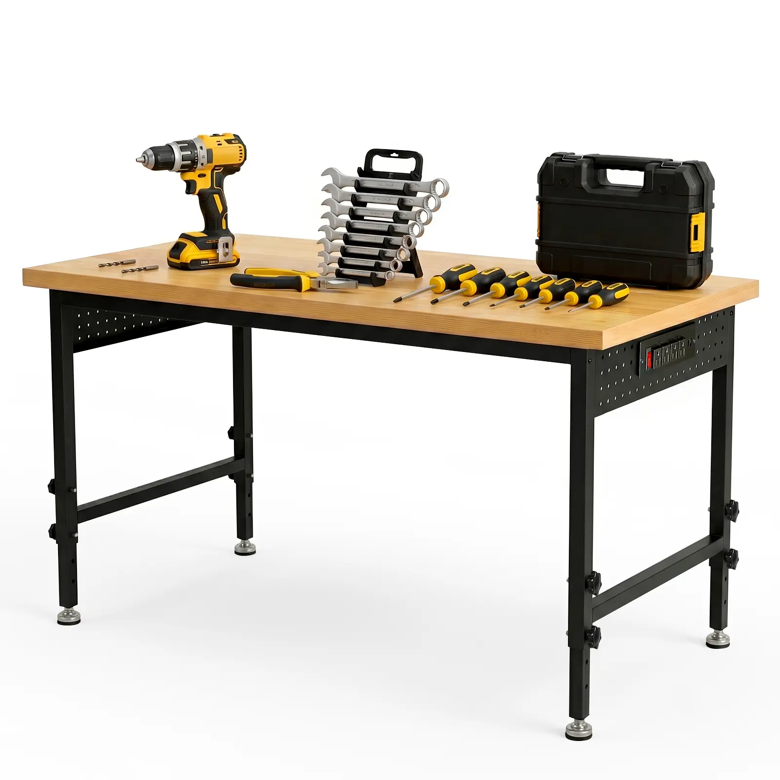 NorthSky 48-in Adjustable Wood Tabletop Workbench with Heavy Duty Steel Adjustable Legs, Max 2000LBS Capacity, 7-Level Height Adjustment, ETL-Certified Indoor Power Station (4 AC Outlets, 2 USB Ports), Dual-Side Pegboards with Hooks for Heavy Projects