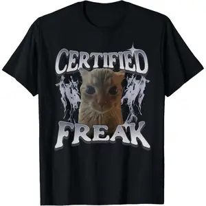 Mens Casual Short-Sleeve Streetwear Top, Certified Freak Funny Cat Meme Retro Faded Cat T-Shirt, Menswear