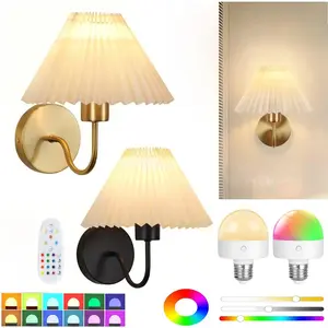 Retro 2-piece gold 27cm wall lamp with RGB rechargeable light bulb. The pleated fabric lampshade looks more atmospheric. Suitable for bedroom, bedside, dressing table, wall lamp, living room, study, wall mounted lamp