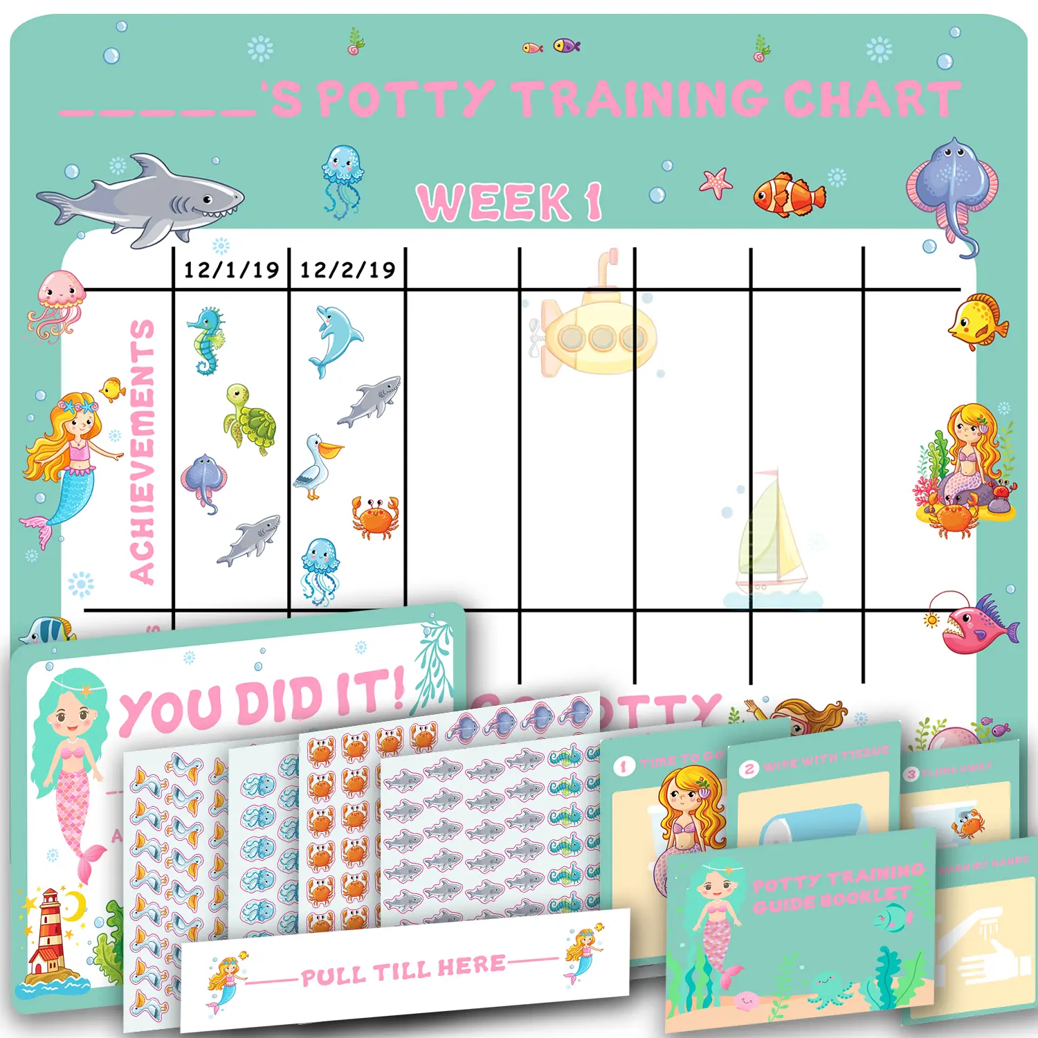 Potty Training Chart for Toddlers, Fun Mermaid, Shark, Fish, Frozen Princess Theme, 4 Week Star Reward Sticker Chart for Preschool Boys Girls Kids Babay