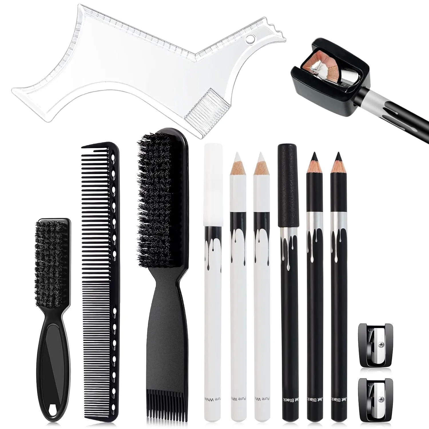 12Pcs Men’s Beard Shaper Tool Kit - White & Black Barber Pencils, Sharpener, Barber Chalk, Brush, Comb - Home Improvement Daily Haircare Styling Tools for Beard Lineup, Hairline Design
