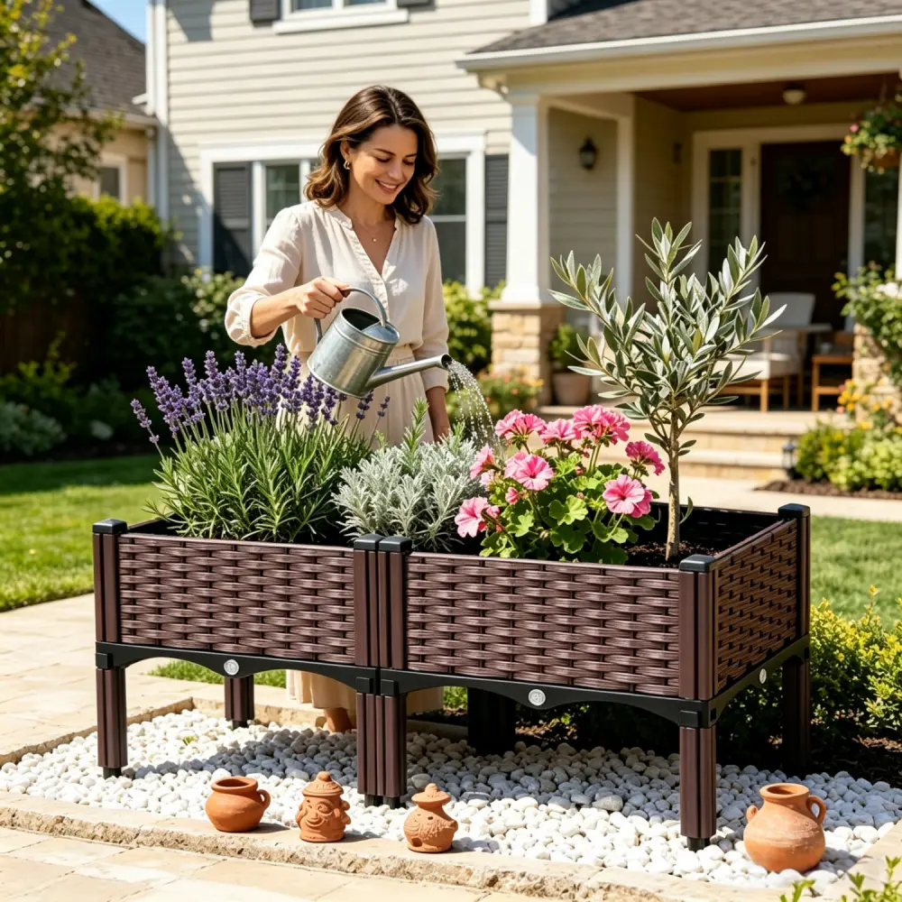 Linkable Raised Garden Bed with Legs, Elevated Woven Plastic Planter Box with Drainage System, Durable Lightweight Multi-Component Pot for Outdoor Flowers Vegetables Herbs, For Balcony Lawn Patio Garden Terrace