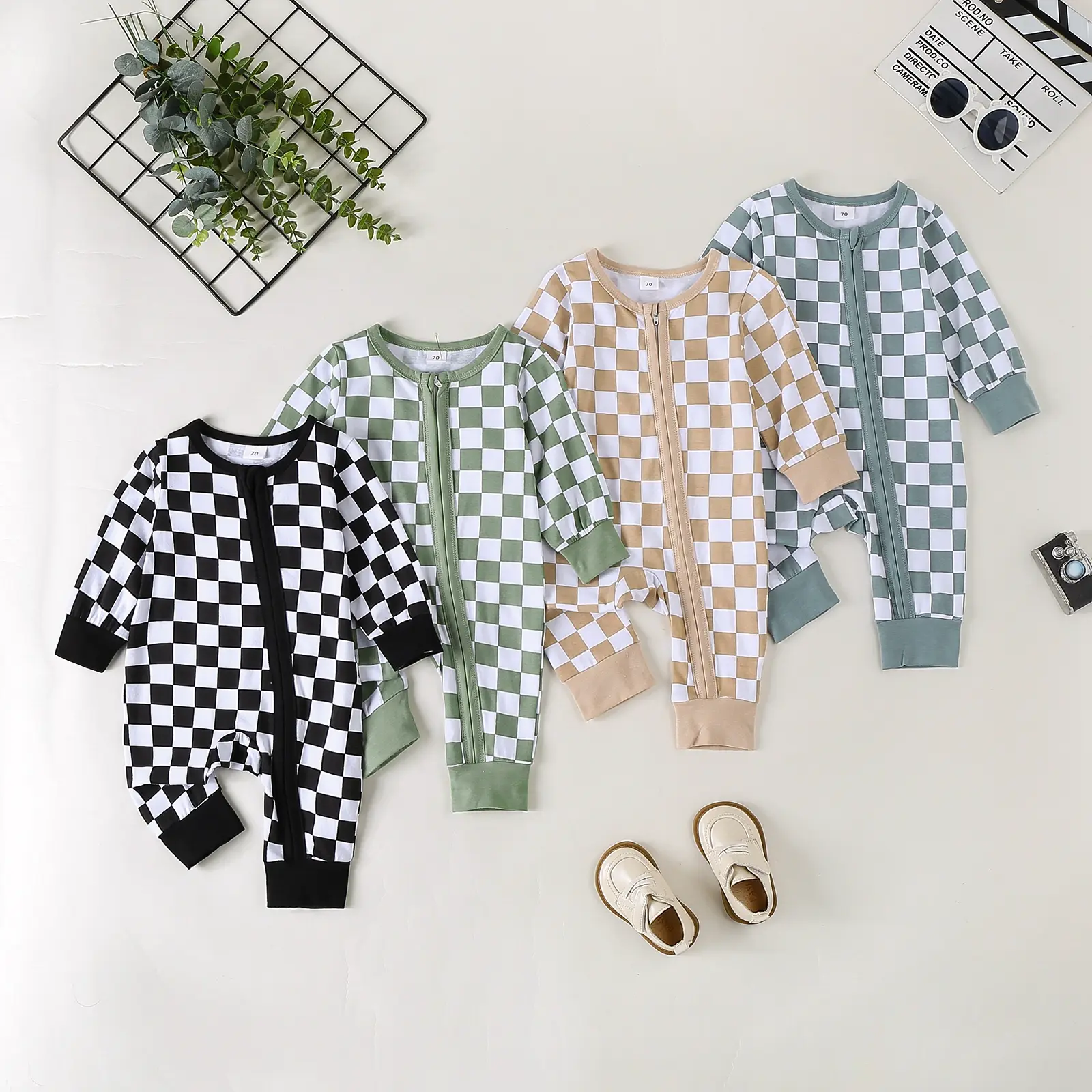 Newborn Baby Boy Girl Clothes Checkered Long Sleeve Zipper Romper Jumpsuit  Bodysuit Fall Winter Outfit