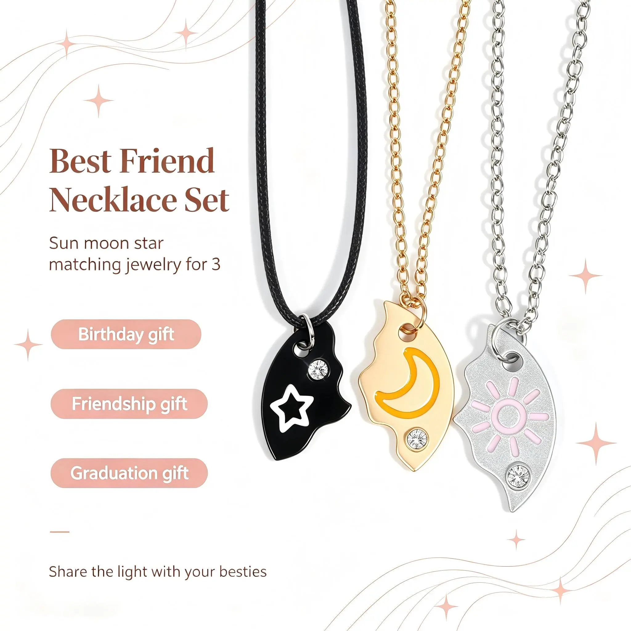BFF Necklace for 3, Sun Moon Star Interlocking Puzzle Matching Necklaces Set, Friendship Jewelry Gifts for Best Friends 3 Sisters Teen Girls, Birthday Graduation Present