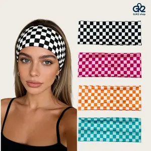 4Pcs Plaid Checkered Headband, Wide Elastic Sweatband Fashion Grid Hair Accessory for Sports Fitness