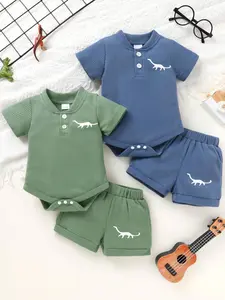 4Pcs Cute Baby Boy Dinosaur Print Bodysuit & Solid Shorts Set, Soft Comfortable Casual Outfit for Daily Vacation Outdoor Wear