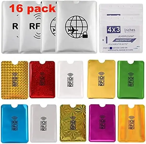 16 RFID Blocking Sleeves Set (10 Credit Card Holders & 4 Passport Protectors) Identity Theft Protection Secure Sleeves Set.Waterproof aluminum foil slim Design easily into your Wallet