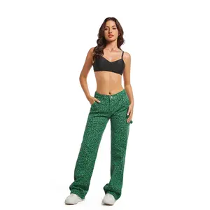PinkyMoor Green Leopard Print Jeans Wide Leg Pants Womenswear Trouser Denim cheetah  print