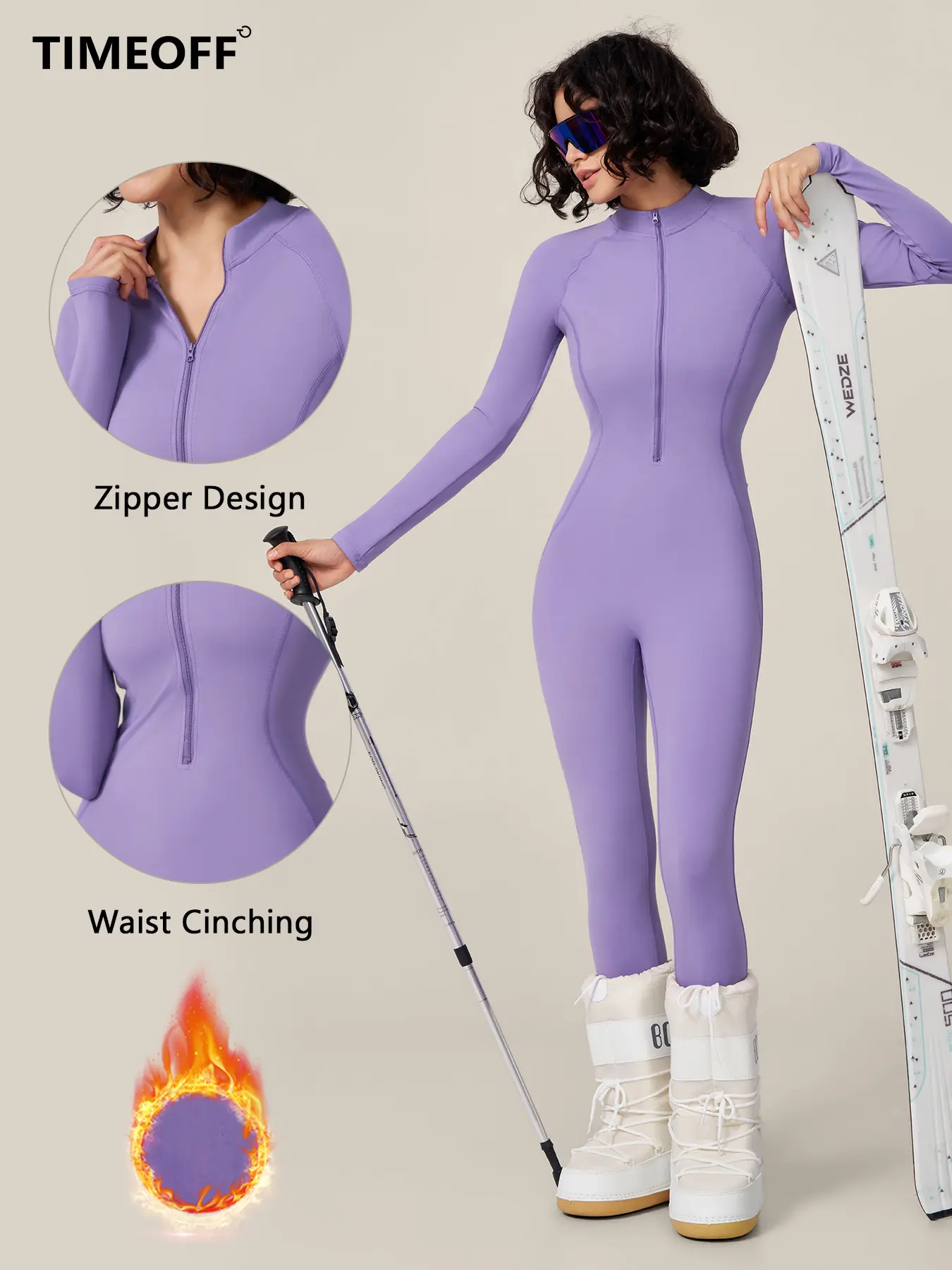 TIMEOFF Women's Long-Sleeve Fleece-Lined Mock-Neck Zip-Up Jumpsuit, Stretchy Body-Sculpting Workout Gym Clothing for Winter Yoga, Jumpsuits For Women, High Elastic Women's Sportswear Set, Fitted