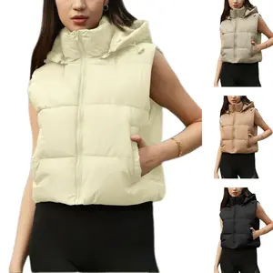 UANEO Women's Cropped Hooded Puffer Vest Zip-Up Quilted Sleeveless Puffy Gilet Pockets Lightweight Casual Outerwear with Adjustable Drawstring